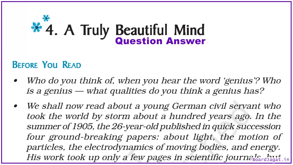 A Truly Beautiful Mind Question Answer Class 9 English Beehive Chapter 4